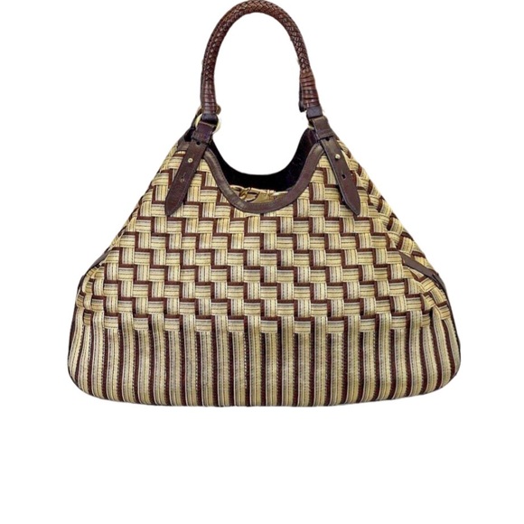 SOLD:  COLE HAAN Genevieve Woven Triangle Hobo Shoulder Handbag Tote 19" Silk - Picture 2 of 13